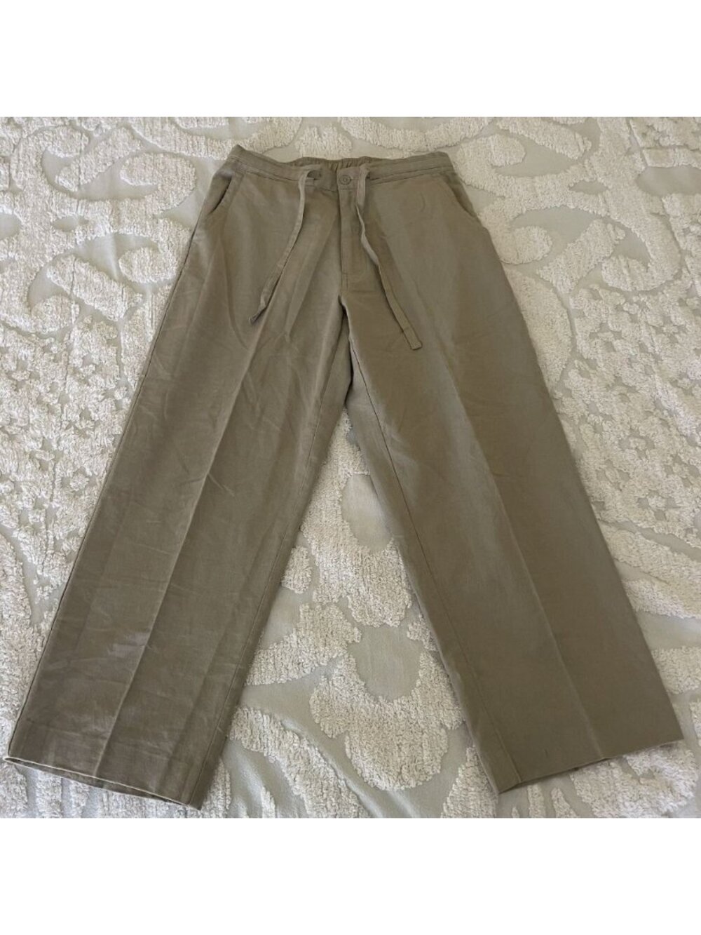 MICHAEL BRANDON Linen Cotton Blend Wide Leg Pants Beige Drawstring Waist Size M